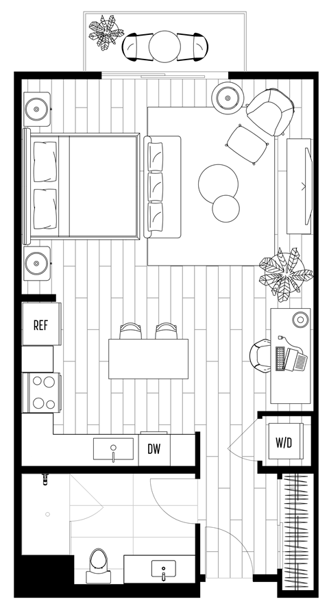 Floor plan for studio, 1 bath, 630 sqft